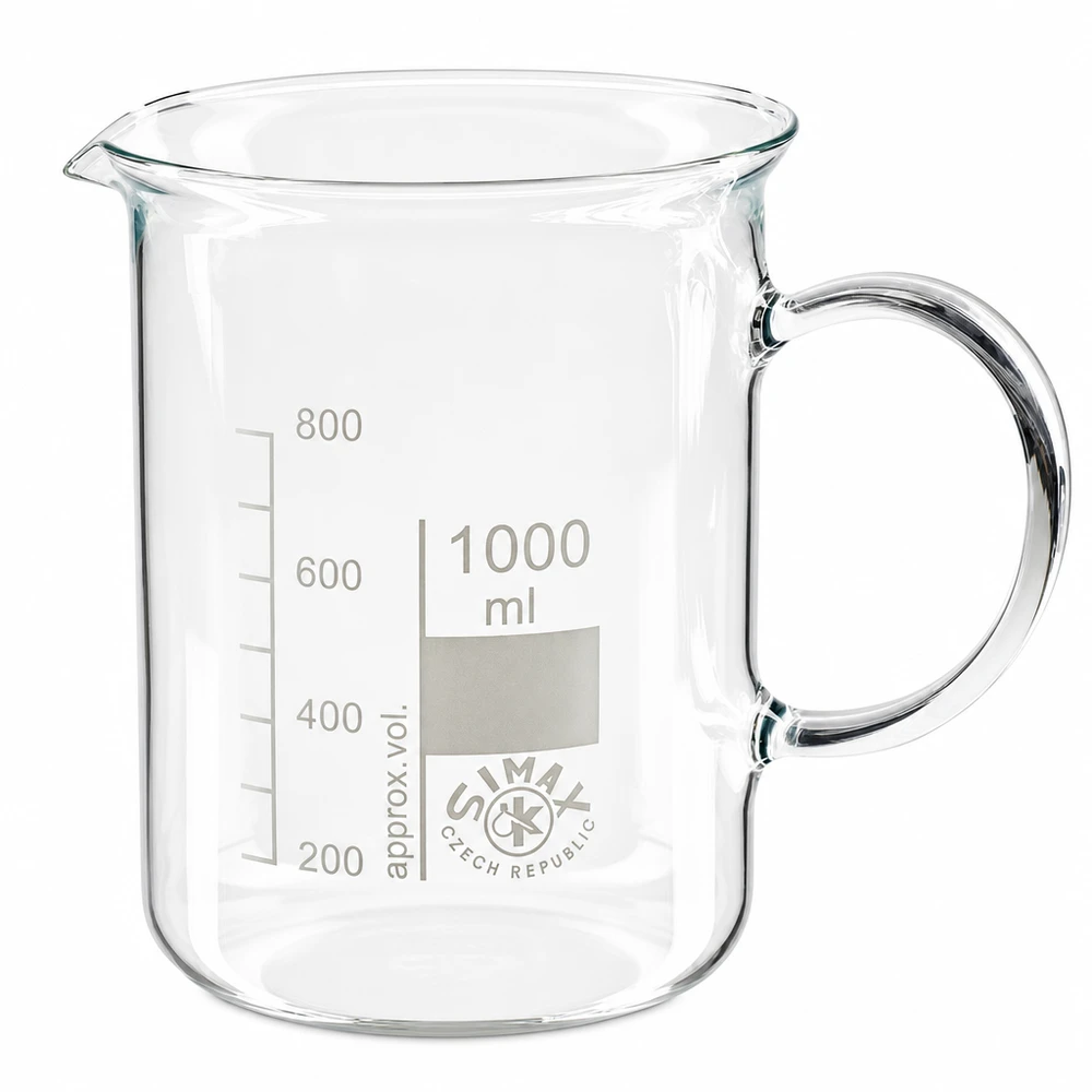 Becherglas 1000ml Borosilikatglas, mit Henkel Simax Becherglas 1000ml mit Ausguss und Henkel aus hochwertigem Borosilikatglas