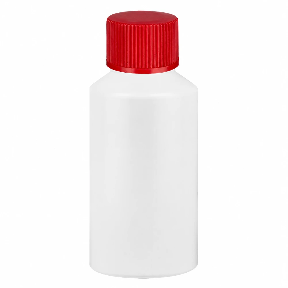 Runde 50ml Pharmaflasche weiß mit rotem SV ideal für Flüssigkeiten und Tabletten