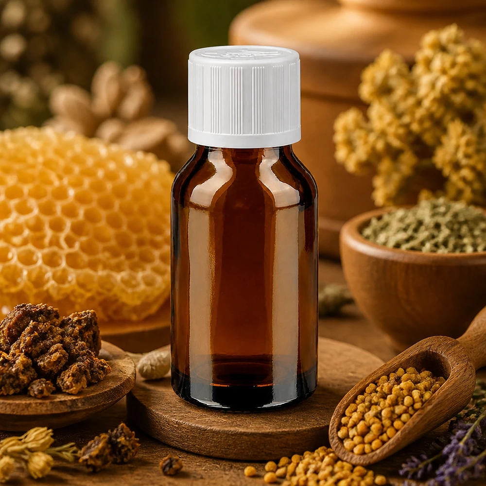 Apothekenflasche braun 30ml Schraubverschluss weiß Kindersicherung Standard Kleine 30ml Braunglas-Apothekerflasche mit weißem KiSi-Deckel zwischen Propolis Bienenpollen und Honigwabe
