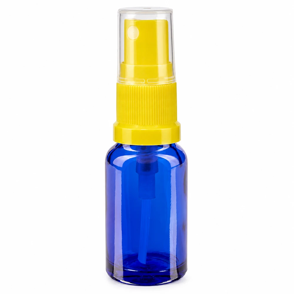 Apothekenflasche blau 30ml Sprayaufsatz gelb Kleine blaue Apothekerflasche 30ml mit gelbem Zerstäuber aus hochwertigem Schutzglas
