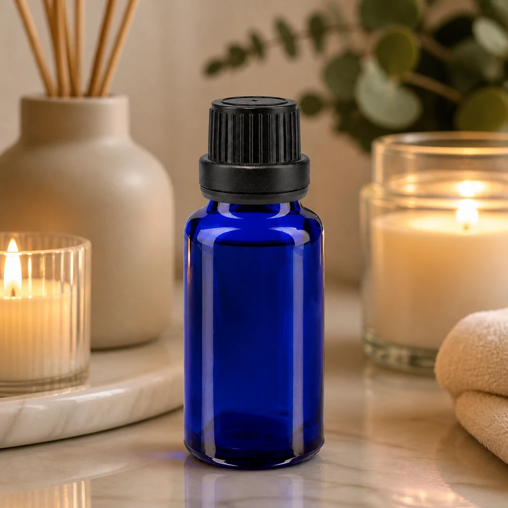 Apothekenflasche blau 20ml Schraubverschluss schwarz Dichteinlage Originalitätsverschluss Kobaltblaue Glasflasche 20ml mit kindersicherem Schraubverschluss im Wellness Spa Setting