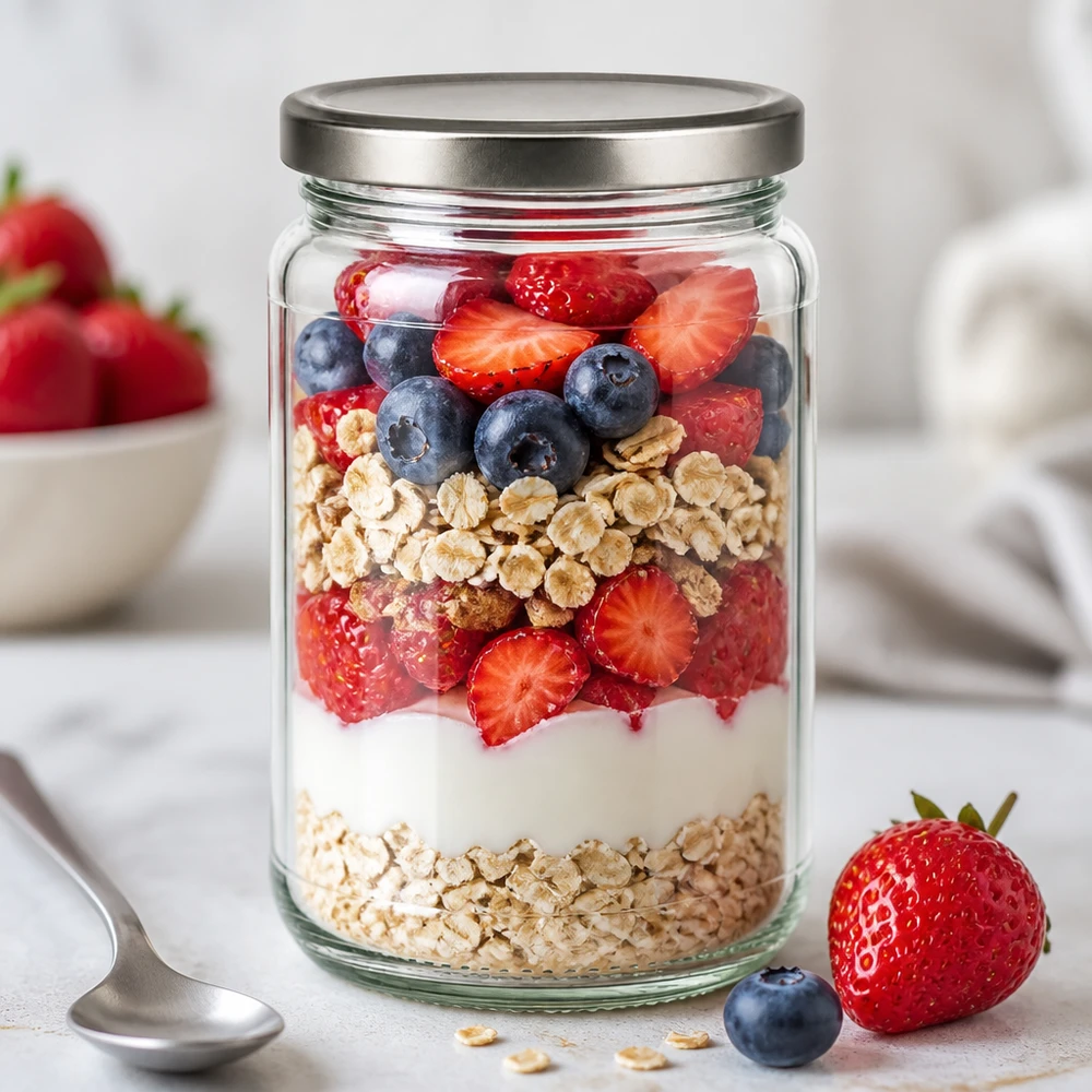 305ml Rundglas mit BasicSeal Deckel silber UNiTWIST 305ml Rundglas mit BasicSeal Deckel als Schichtdessert mit Joghurt Beeren und Granola - stylisches Frühstücksglas