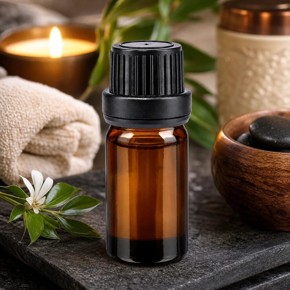 Kompakte Apothekerflasche 5ml Braunglas mit OV-Verschluss schwarz umgeben von Spa-Accessoires