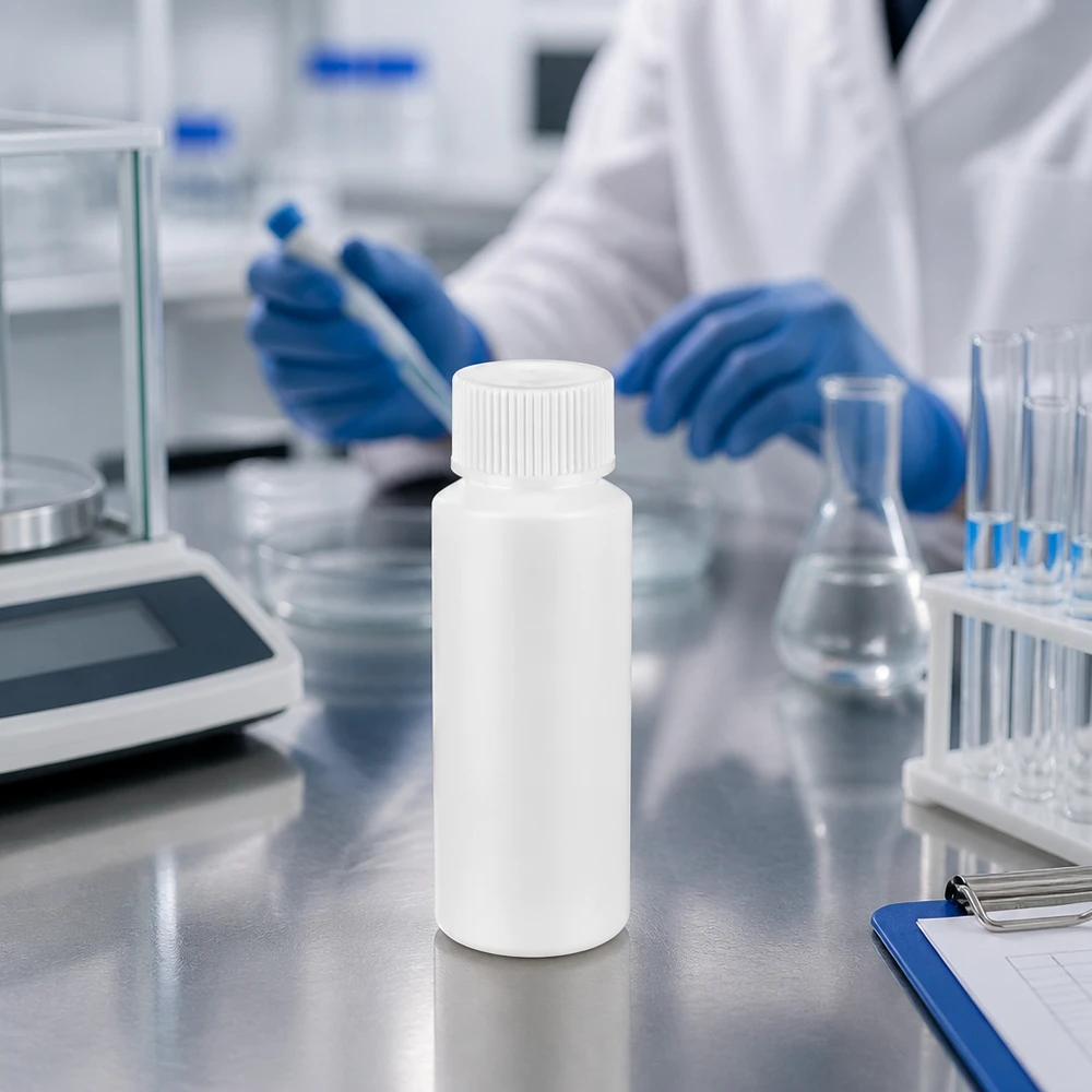 Kleine weiße Apothekerflasche 30ml HDPE mit Schraubdeckel neben Analysenwaage im Labor