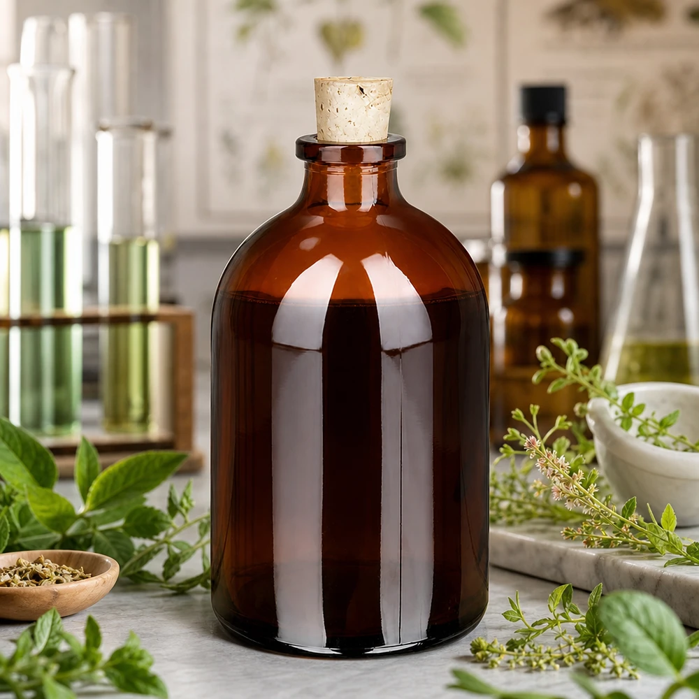 Flasche Braunglas 100ml mit Korken 11/14mm Braunglasflasche 100ml mit konischem Korken umgeben von Thymian Minze und Gewürzkräutern