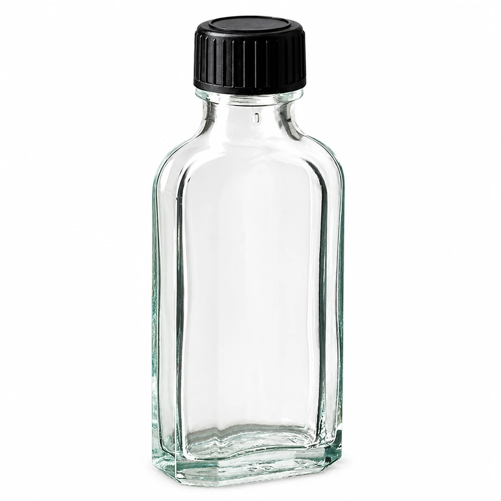 Kleine quadratische Klarglasflasche 50ml mit schwarzem Kunststoffdeckel