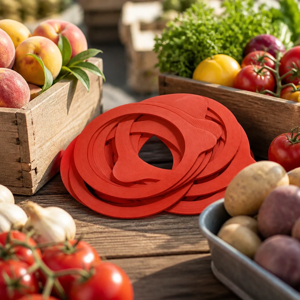 Einkochring Naturgummi RR80 Einkochring RR80 Naturgummi rot zwischen frischen Tomaten Pfirsichen Kräutern natürliche Küchenszene Einmachen