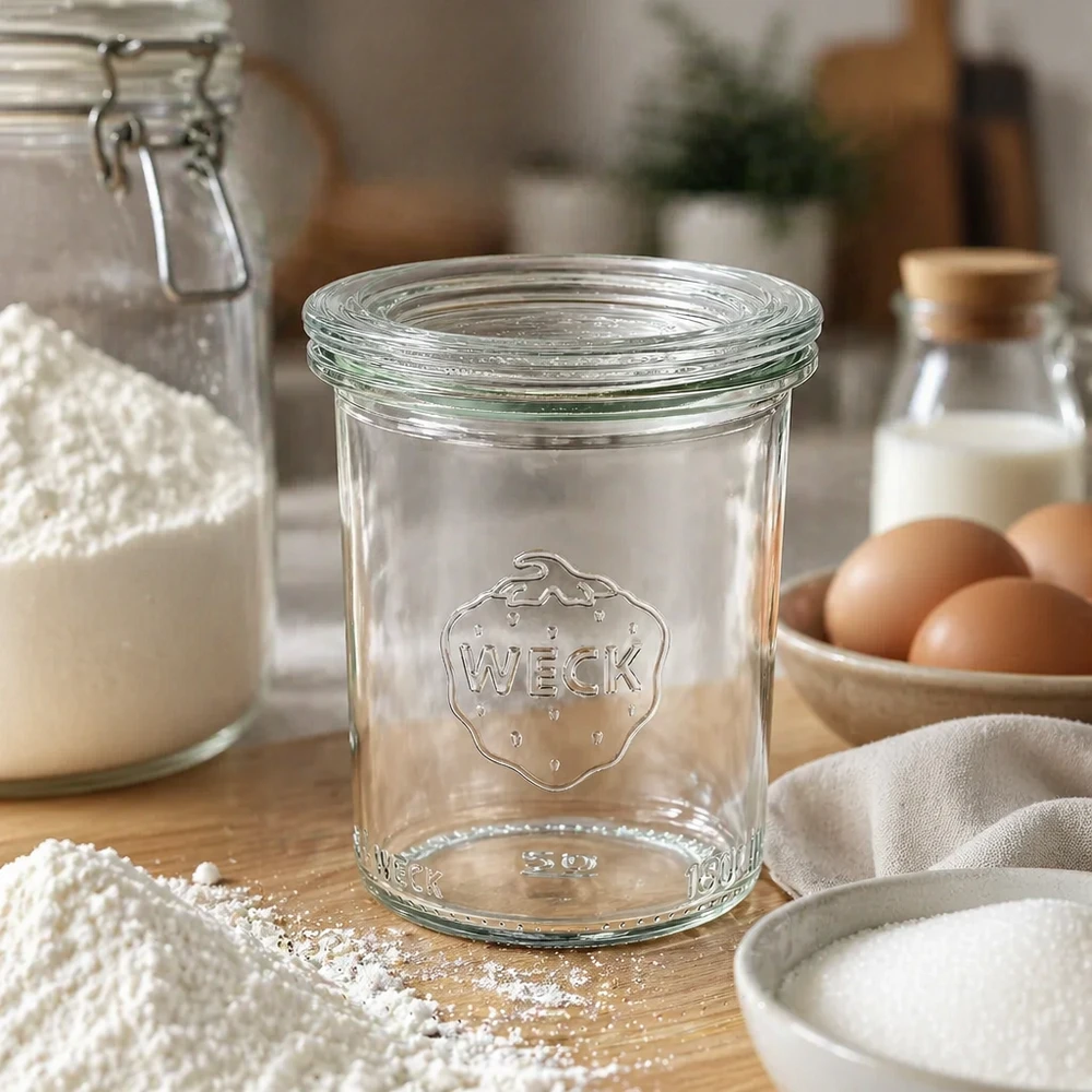 WECK Sturzglas 160ml RR60 leer in rustikaler Küche mit Mehl, Eiern und Milch für Einmachen und Vorratshaltung