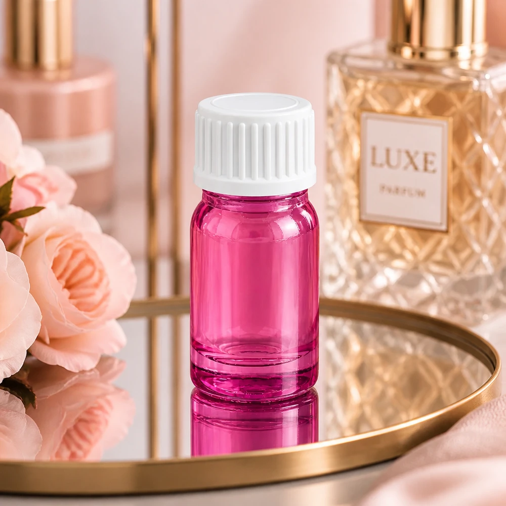 5ml (Globuli)Flasche 3mm Giessring weiß Standard PurpleLine UT18/5 Kleine Glasflasche 5ml mit intensiver Pink-Färbung und weißem Verschluss für DIY Kosmetik