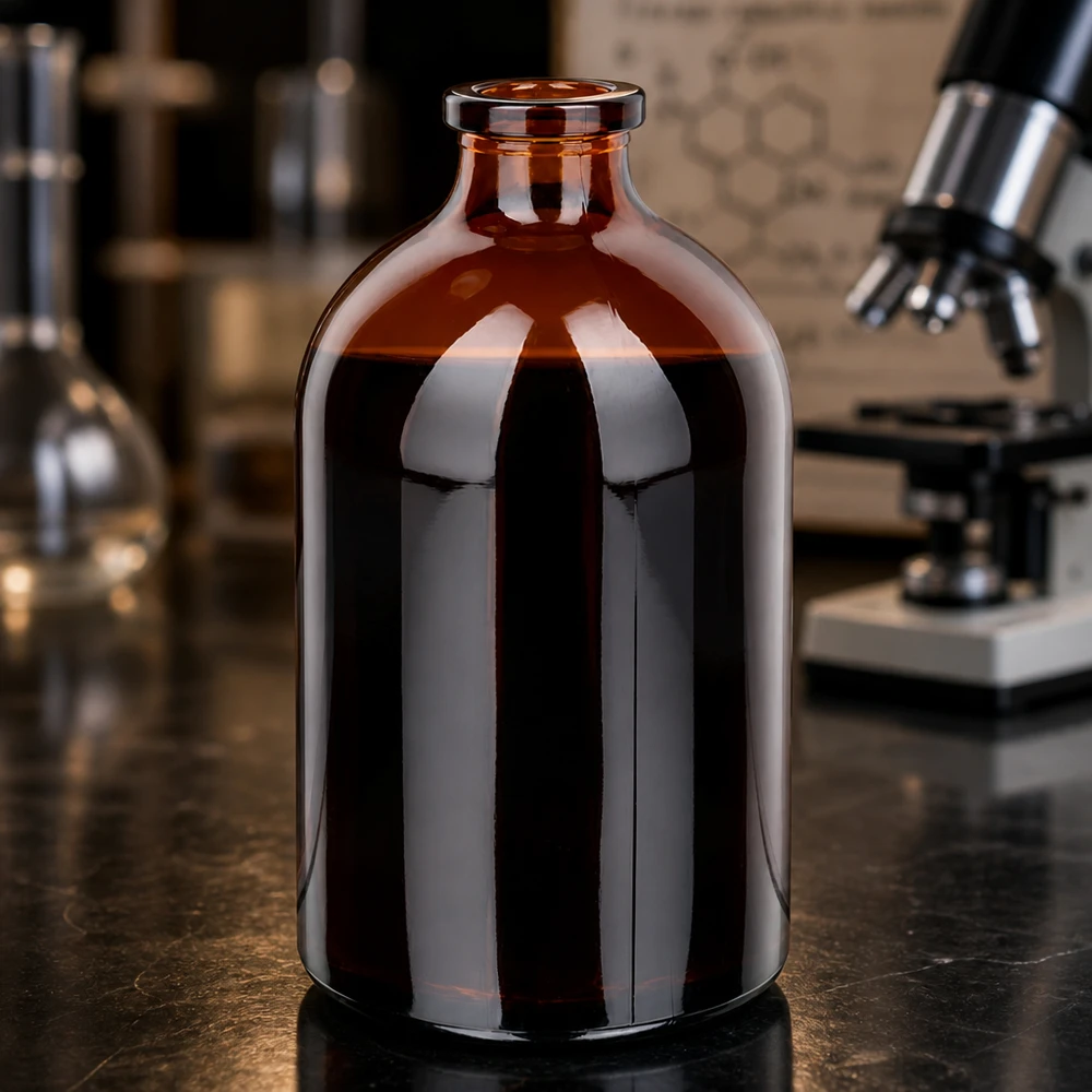 Zylindrische Braunglas Injektionsflasche 100ml mit charakteristischer Rollrandflasche im Laborkontext