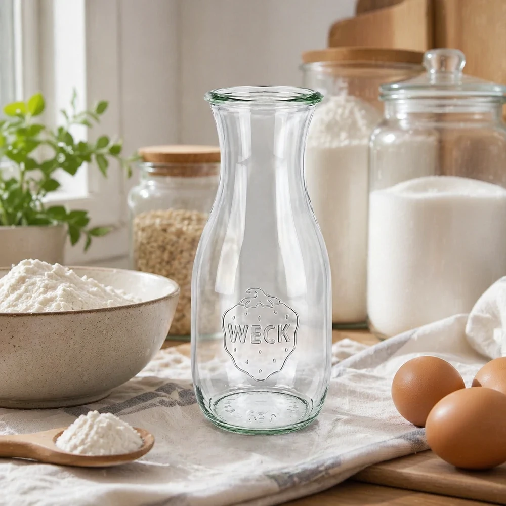WECK Saftflasche 530ml RR60 aus Glas in stilvoller Küche mit Backzutaten Eiern und Vorratsgläsern für Alltag