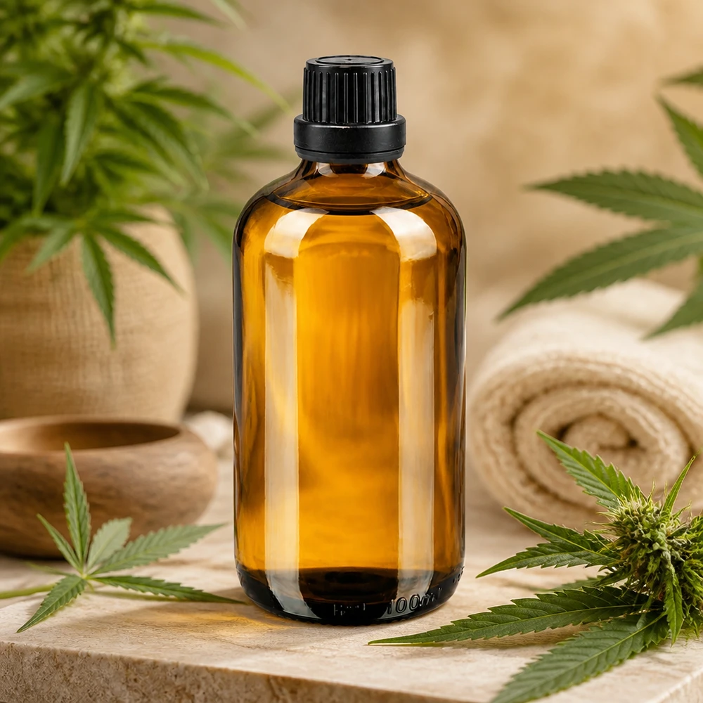 Apothekerflasche 100ml mit 2mm Tropfeinsatz und CBD-Pflanzen als natürliche Wellnessprodukt Verpackung