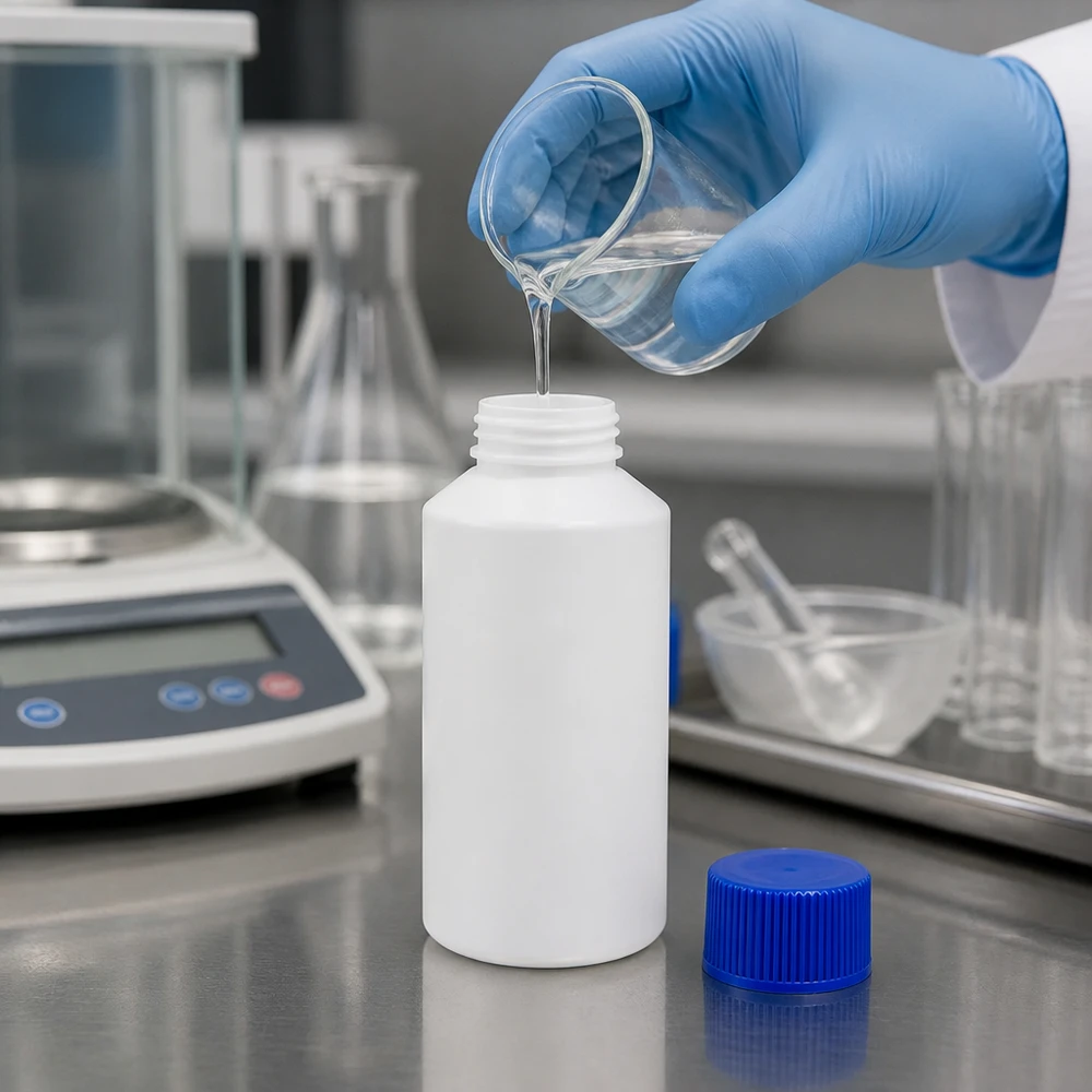 Blaue Latexhandschuhe befüllen weiße HDPE Flasche 50ml mit transparenter Flüssigkeit