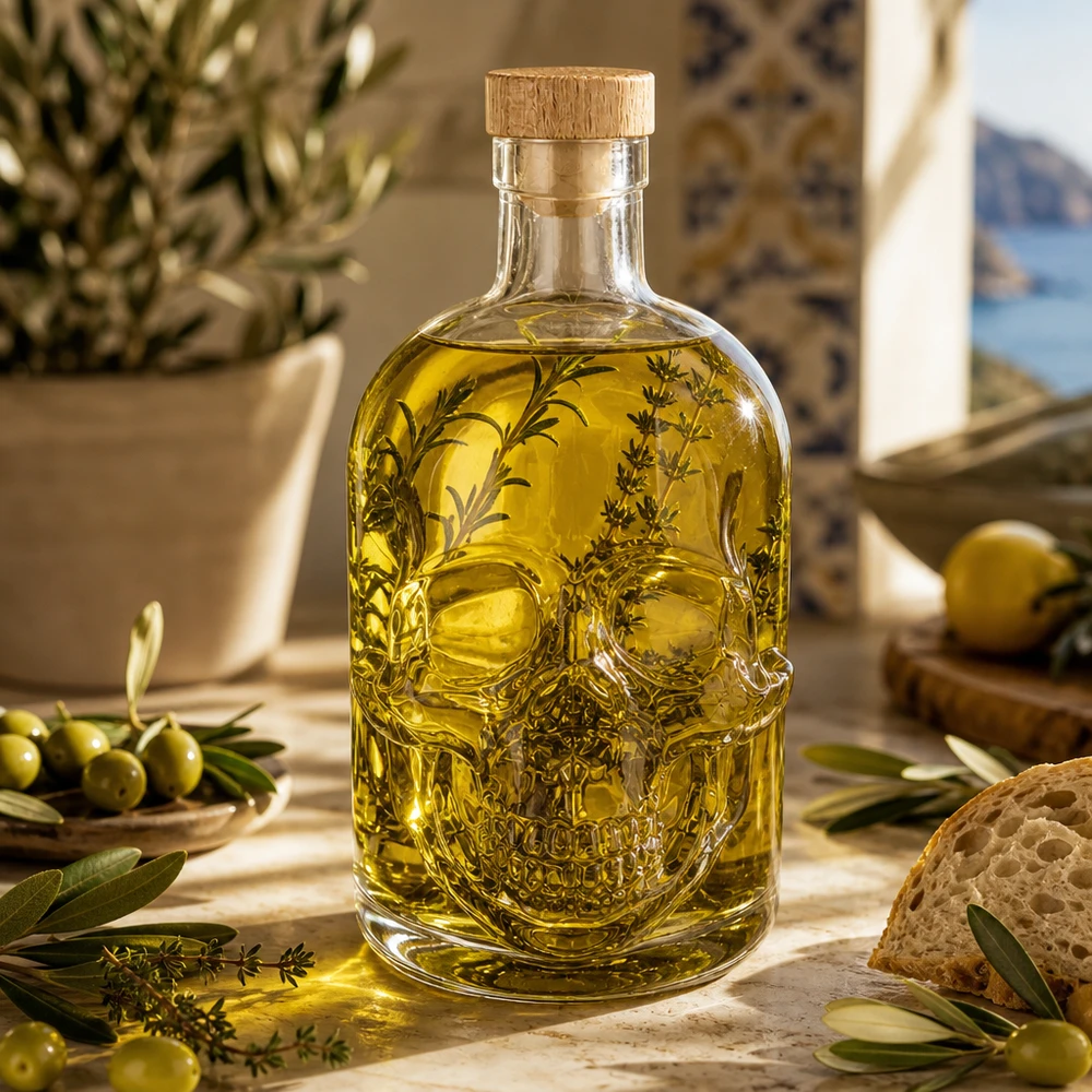 500ml Glasflasche "Jack" mit Holzgriff-Korken UNiTWIST Glasflasche Jack 500ml mit Olivenöl und Kräutern gefüllt, mediterrane Küchendeko mit Oliven und Brot