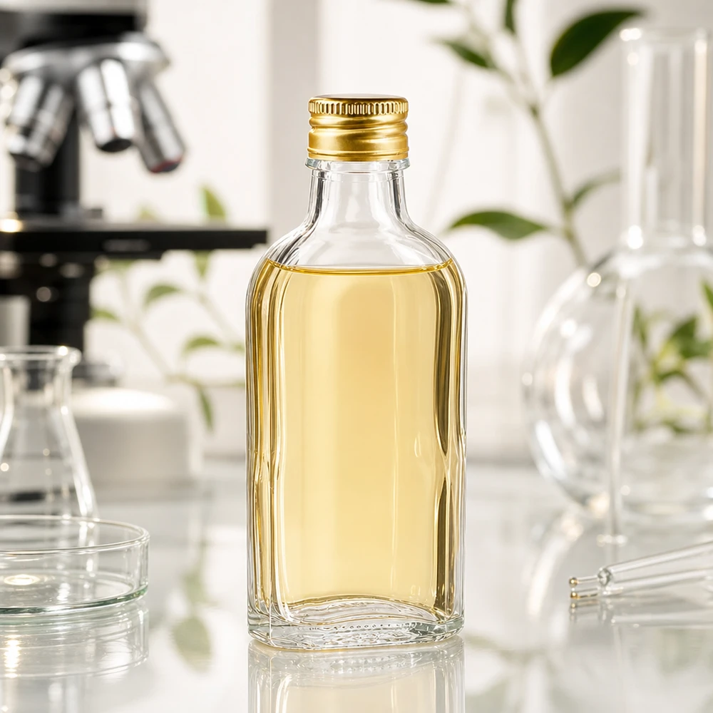 100 ml Meplat klar mit Alu Verschluss gold PP22 100ml klare Flachmann Glasflasche mit Golddeckel PP22 neben Mikroskop und Laborkolben