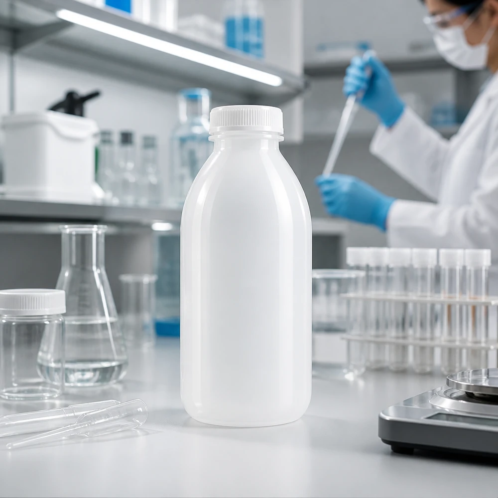 Milchweiße 500ml Laborflasche Enghals ohne Deckel mit Laborant bei Pipettierarbeiten