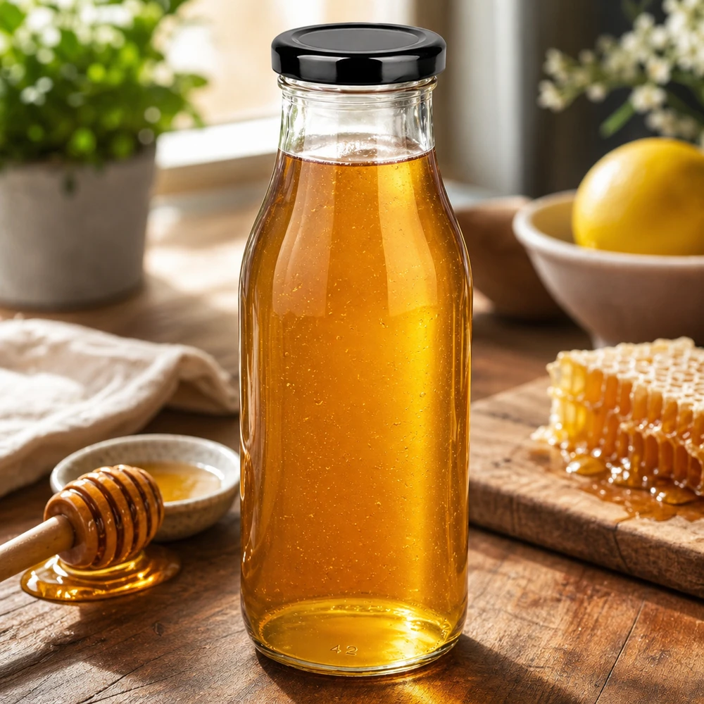 263ml Glasflasche mit schwarzem Deckel gefüllt mit goldenem Honig neben Wabe und Honiglöffel auf Holzbrett