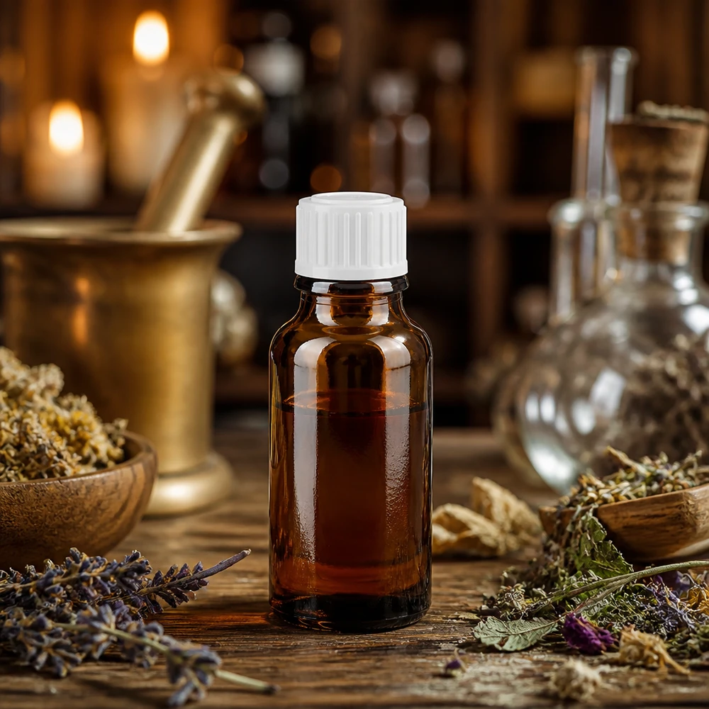 Braune 20ml Glasflasche mit weißem Kindersicherheitsverschluss neben Mörser und Kräutern