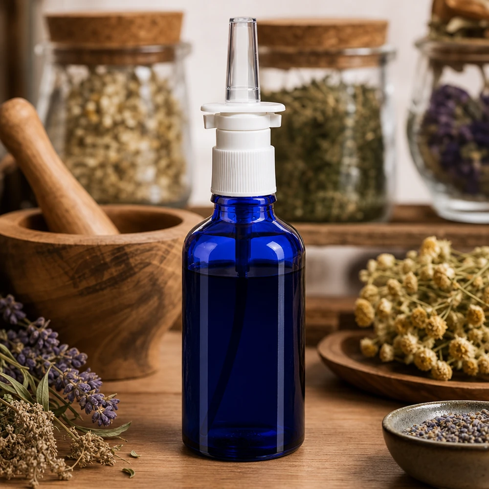 Apothekenflasche blau 50ml Nasenzerstäuber weiß Standard Blaues Apothekenglas 50ml mit Nasenpumpe zwischen getrockneten Heilkräutern und Lavendel
