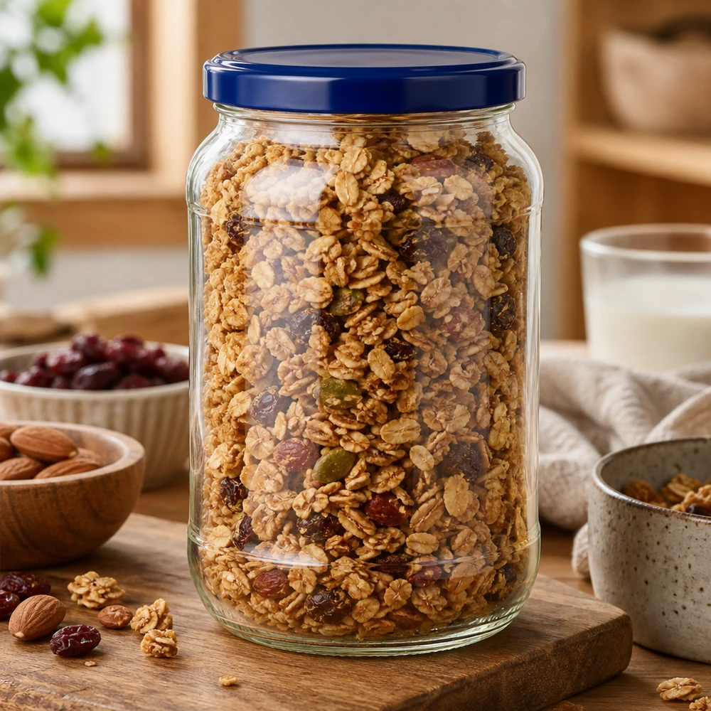 1062ml Rundglas UNiTWIST blauer Deckel mit Müsli Nüssen Trockenfrüchten Vorratsglas Küche Holzbrett