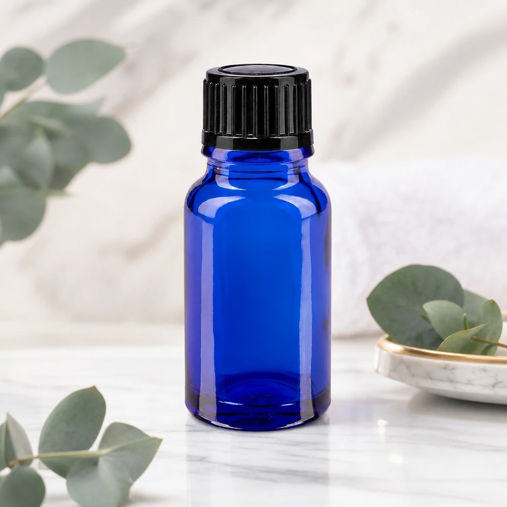 Kompakte Rundschulterflasche 10ml Kobaltblau mit kindersicherem Schwarzverschluss