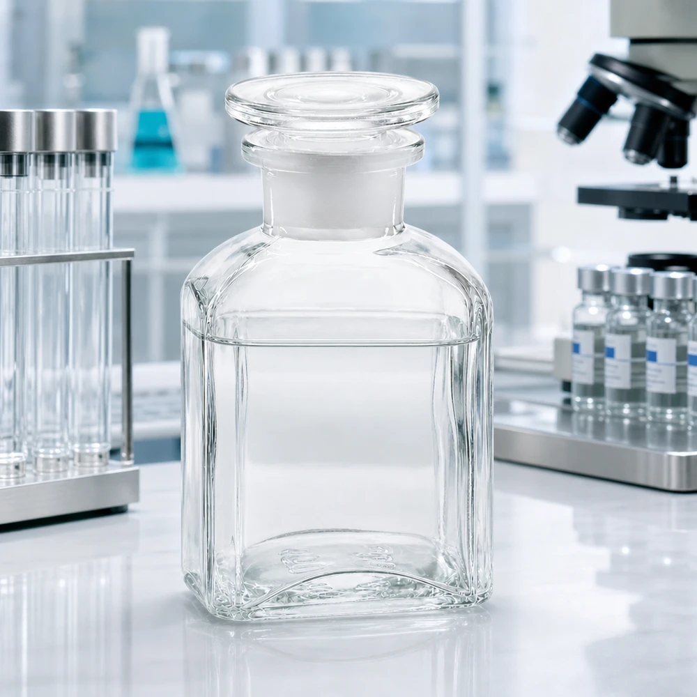 Stapelbare Vierkantflasche 150ml Klarglas Weithals mit flachem Glasstopfen für Laboratorien