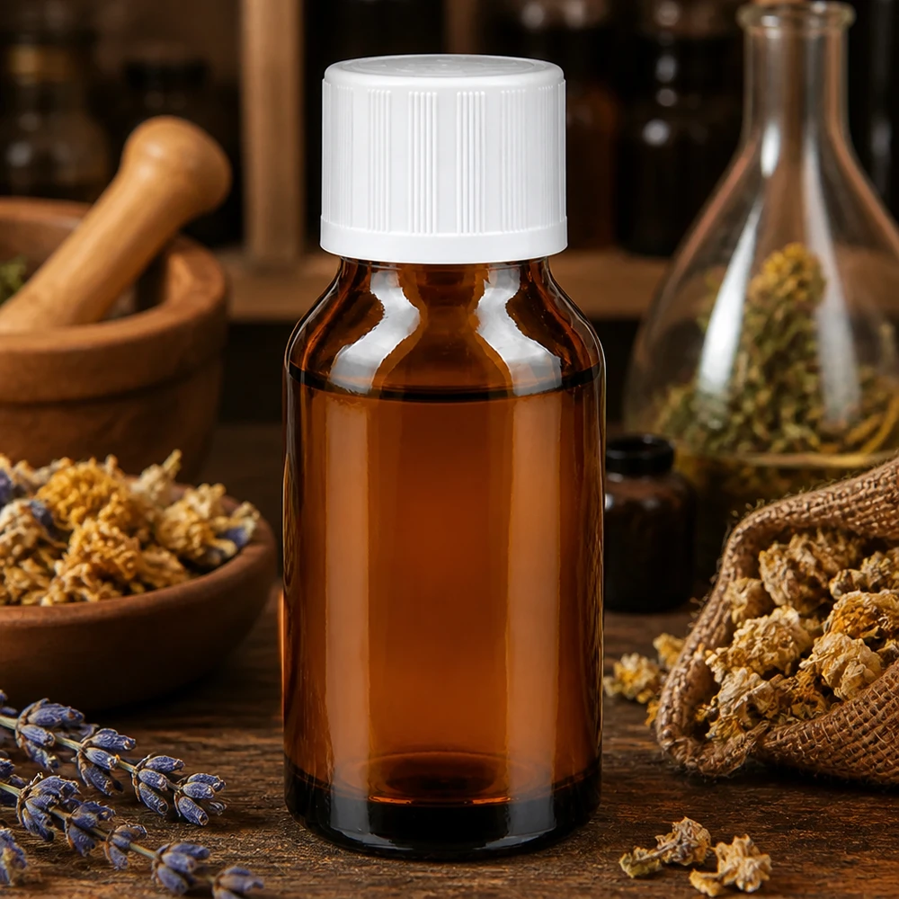 Apothekenflasche braun 30ml Tropfverschluss weiß Kindersicherung Standard Apothekerflasche 30ml Braunglas mit KiSi-Deckel umgeben von Heilkräutern Kamille und Lavendel
