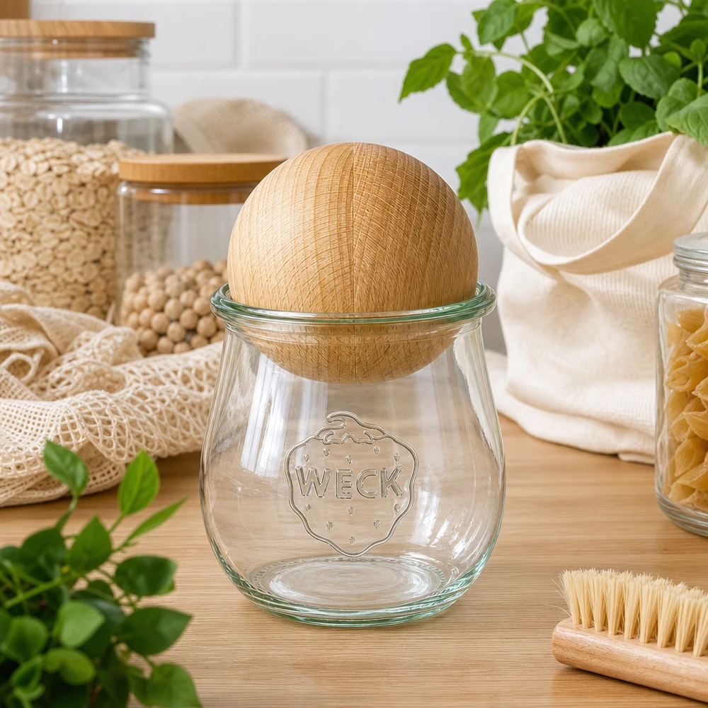 WECK Tulpenglas RR60 220ml mit Holzkugel aus Buche in nachhaltiger Zero-Waste-Küche mit Naturmaterialien