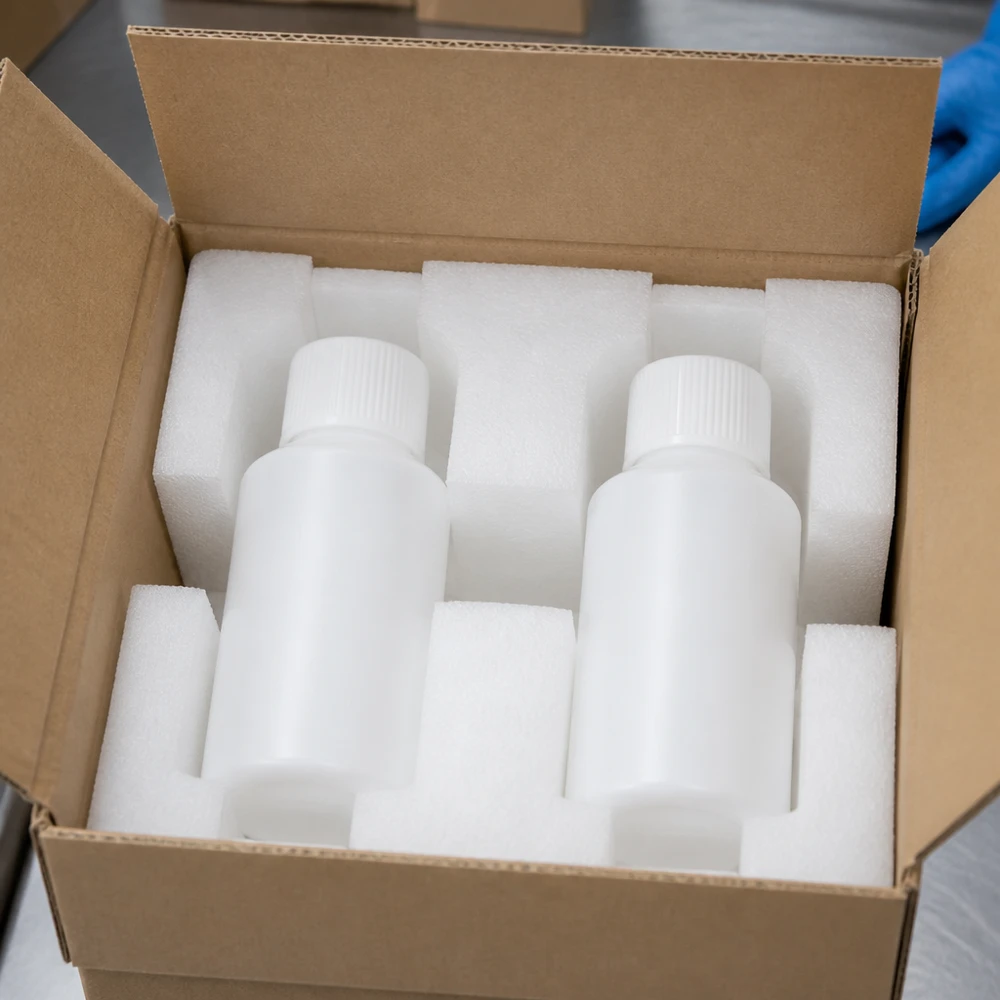 Apothekenflasche HDPE 50ml weiß, mit weißem Schraubverschluss Apothekenflaschen aus weißem HDPE 50ml mit SV in maßgefertigter Schaumstoffhalterung für sicheren Versand