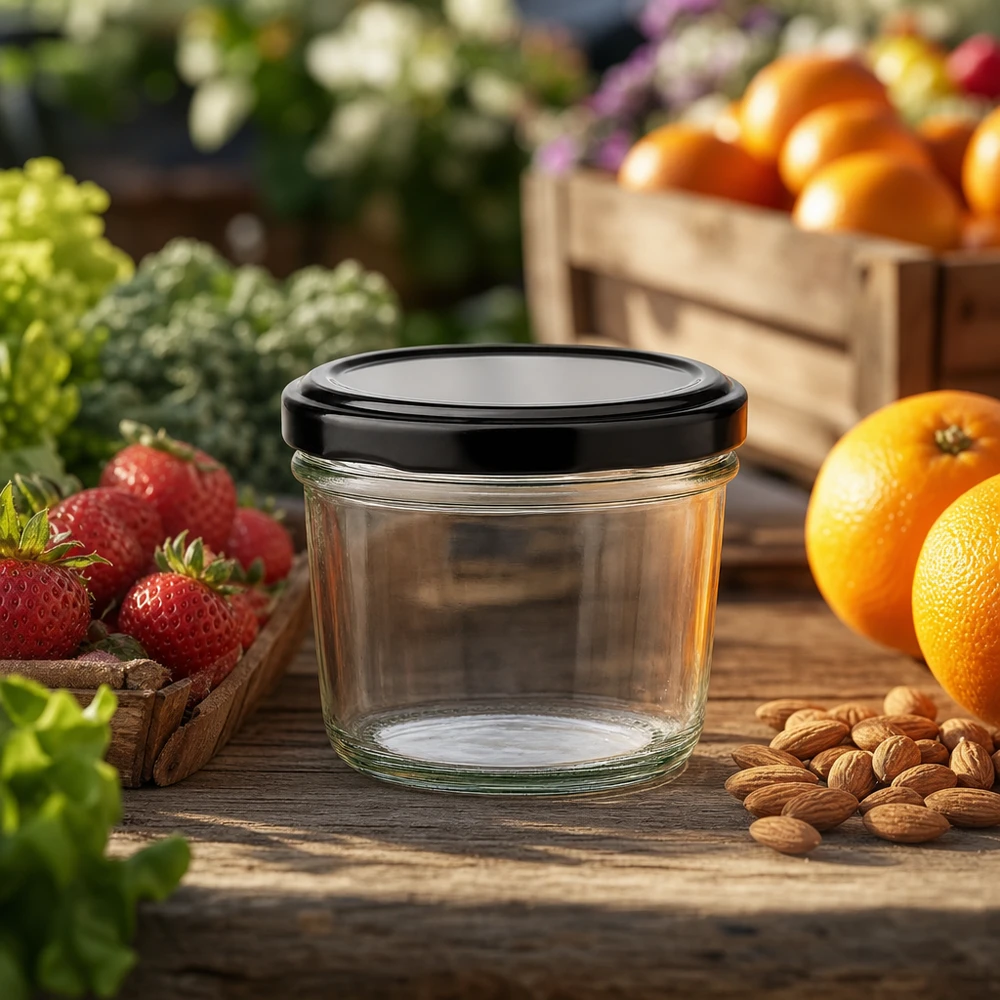 230ml Sturzglas leer mit schwarzem Deckel zwischen frischen Früchten und Nüssen zeigt natürliche Einsatzmöglichkeiten