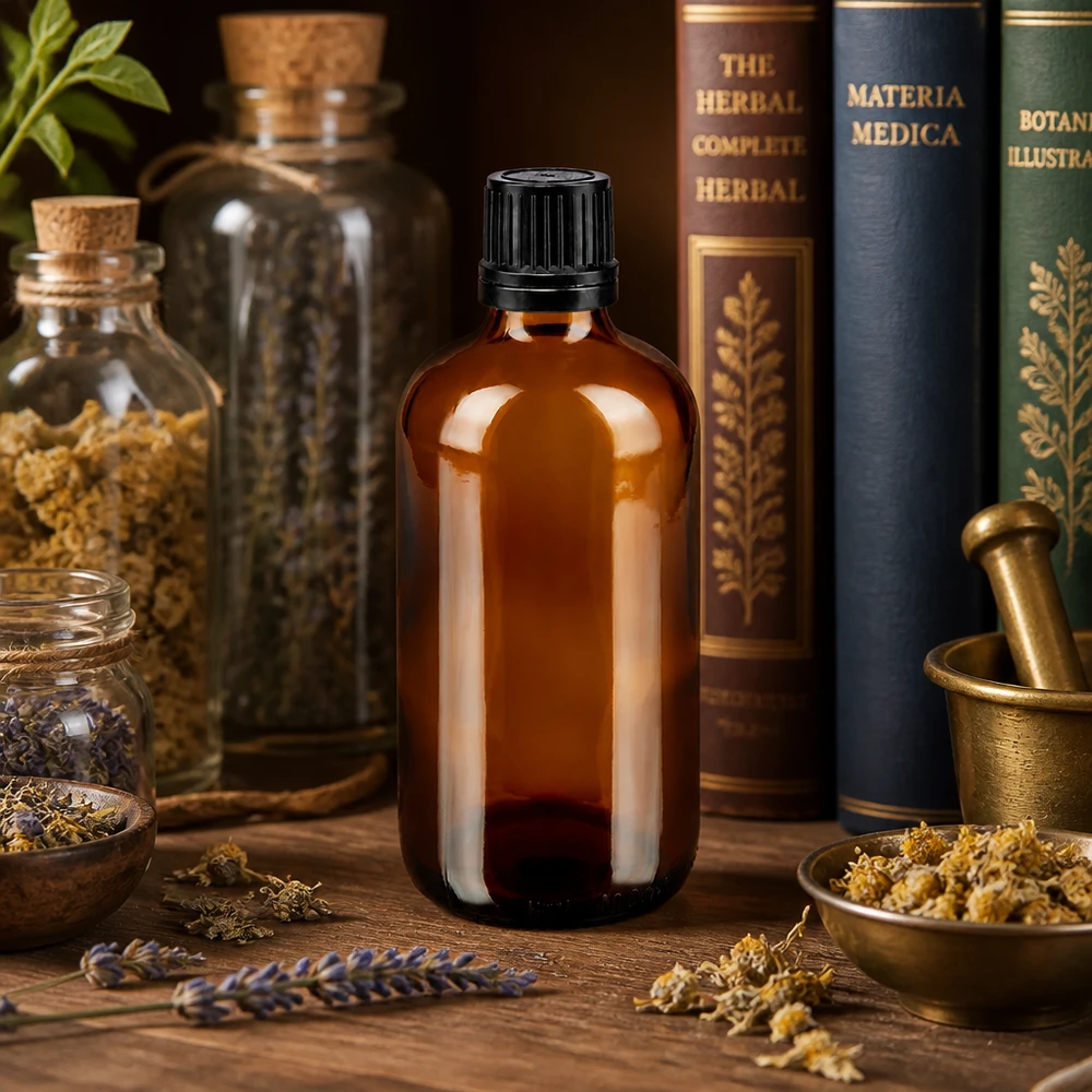 Apothekerflasche 100ml aus Braunglas mit 1mm Tropfeinsatz zwischen getrockneten Heilkräutern