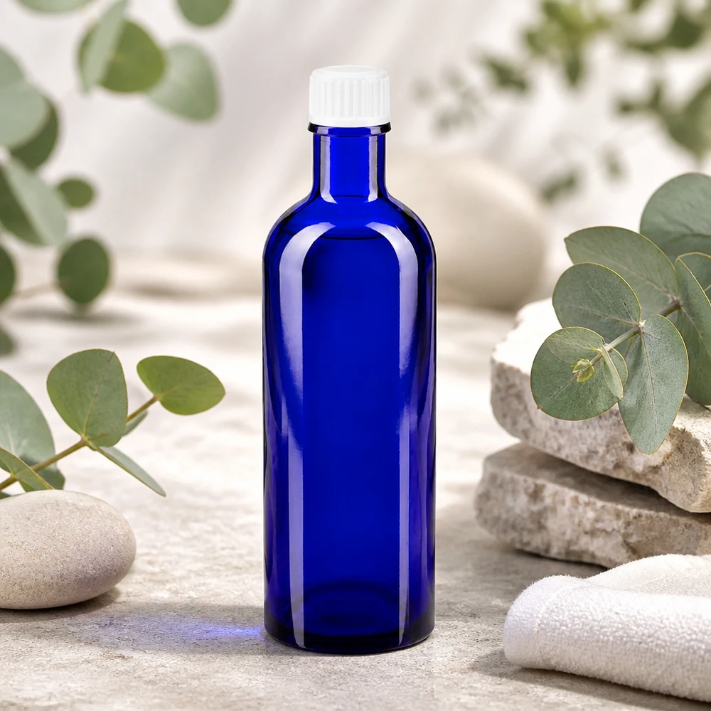 Apothekenflasche blau 200ml Schraubverschluss weiß Standard Blaue Glasflasche 200ml mit weißem Verschluss umgeben von Eukalyptuszweigen und Natursteinen