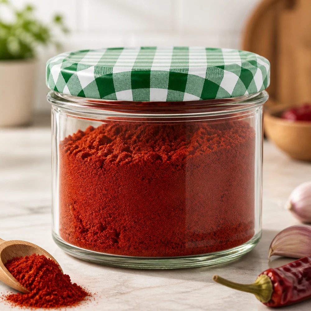 225ml Sturzglas + BasicSeal Deckel grün/weiß UNiTWIST Sturzglas mit rotem Paprikapulver gefüllt zeigt praktische Gewürzaufbewahrung mit luftdichtem grün-weißem Deckel