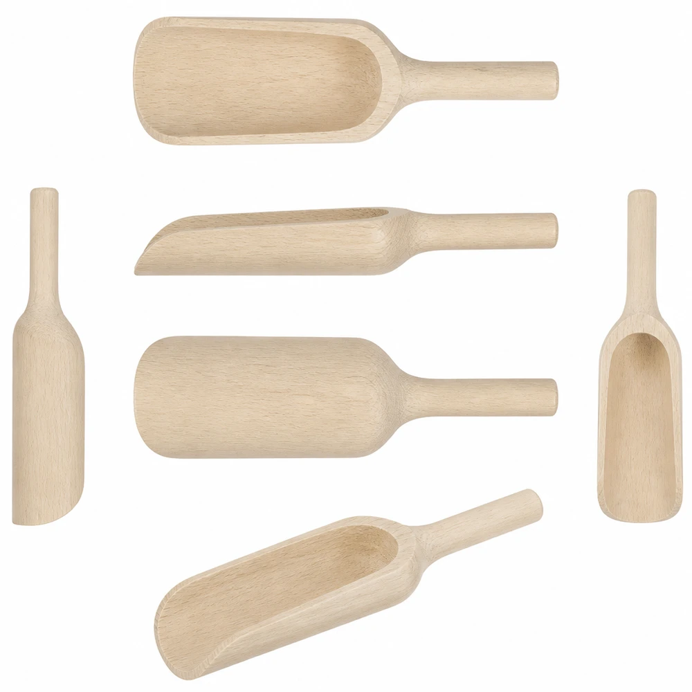 Holzschaufel Grösse L flache Form - 180mm lang Verschiedene Ansichten der Holzschaufel L 18cm flach zeigen vielseitige Formen für Küche Apotheke und Haushalt