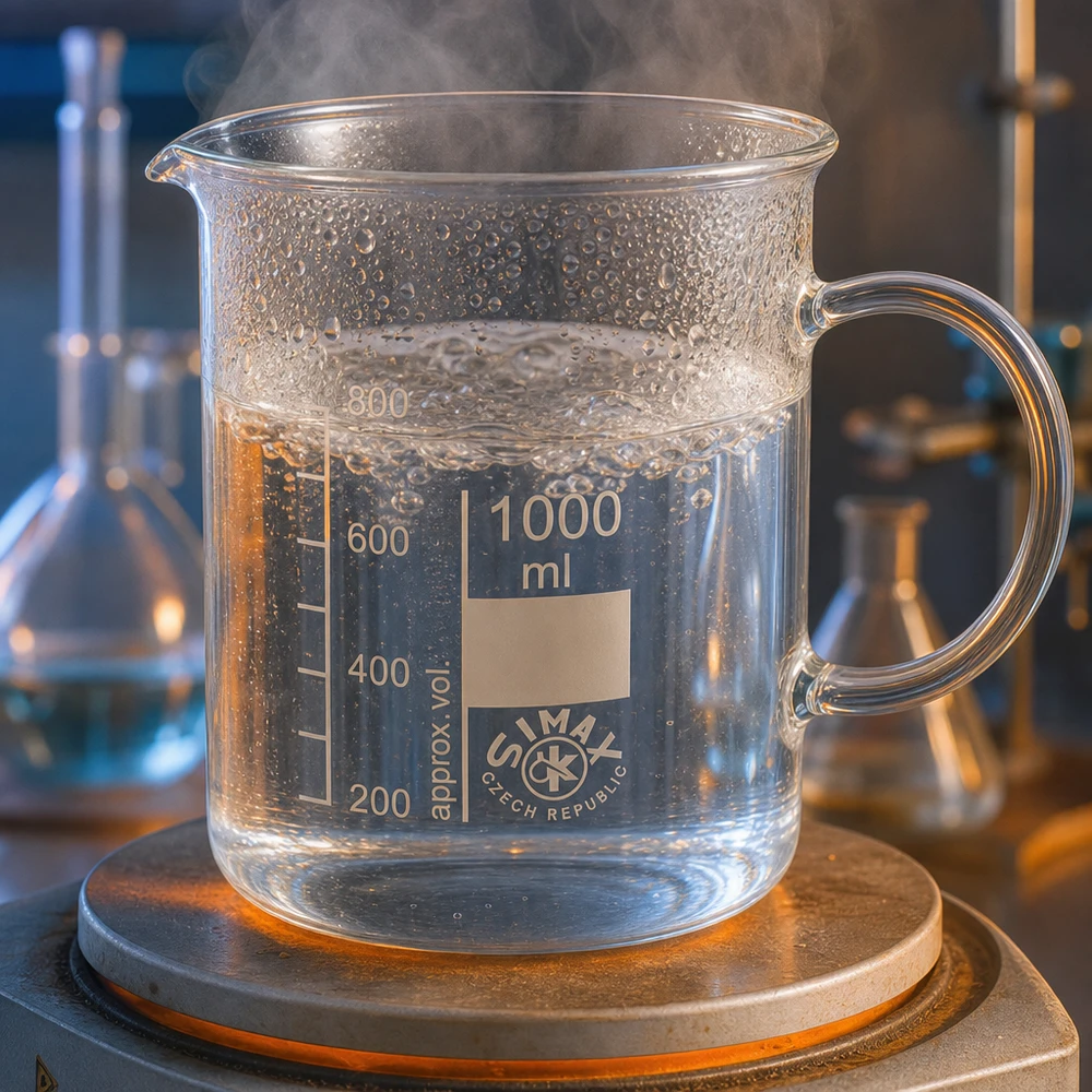 Becherglas 1000ml Borosilikatglas, mit Henkel Transparentes Becherglas 1000ml mit Henkel und Volumenskala bis 800ml gefüllt