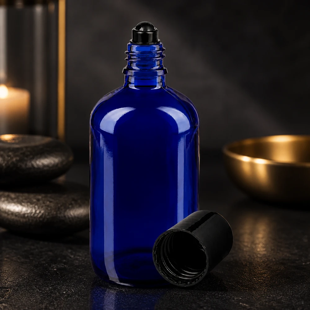 Blaue Glasflasche 100ml mit Stahlkugel-Rollverschluss für ätherische Öle und Parfum