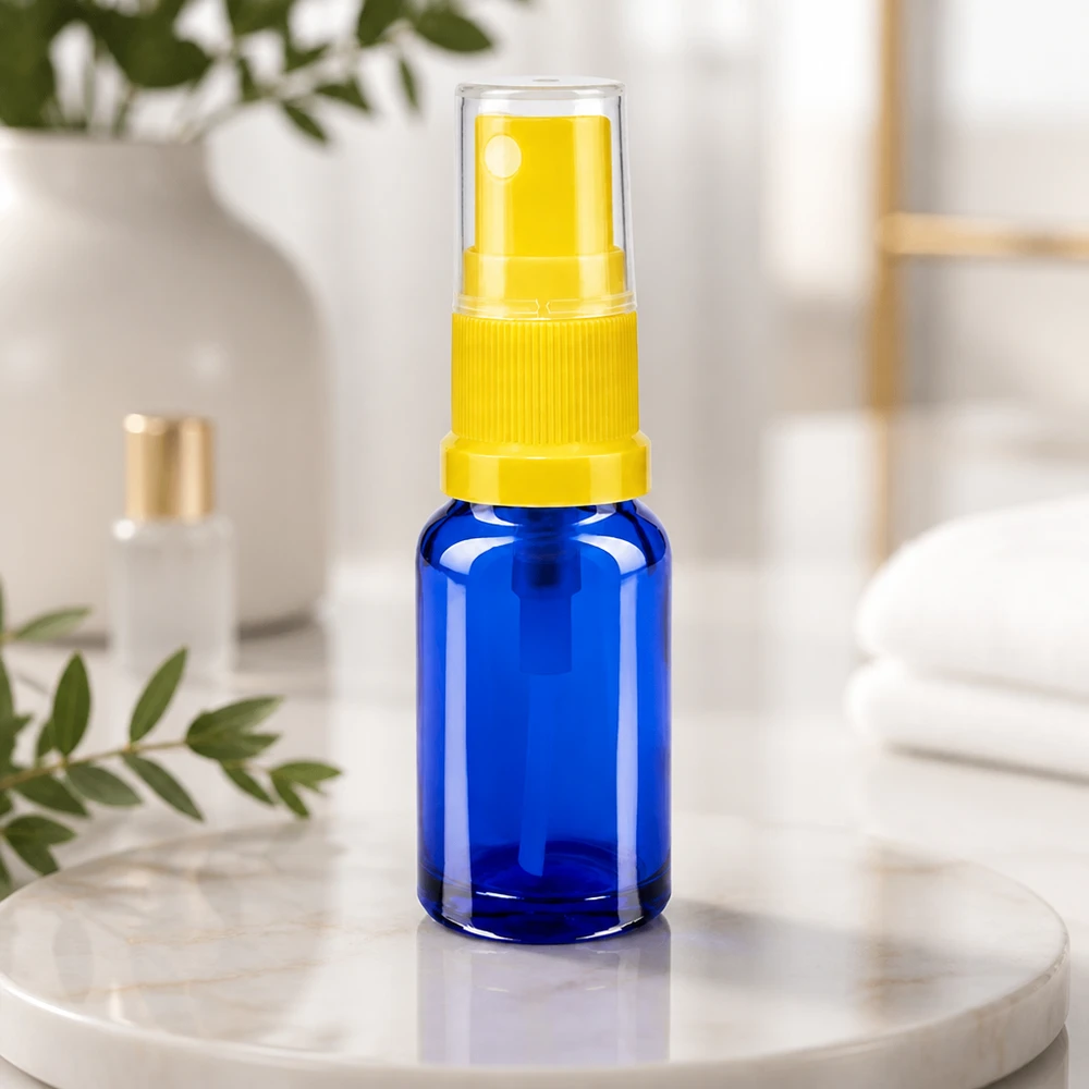 Apothekenflasche blau 10ml Sprayaufsatz gelb Kobaltblaue 10ml Sprayflasche STD mit gelbem Pumpkopf für Kosmetik und Pharmazie