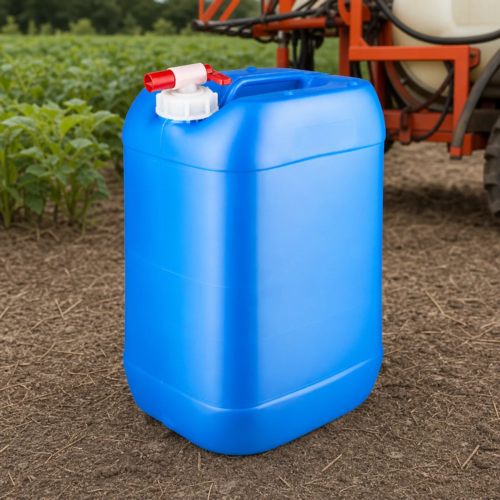 Kanister 25 Liter blau mit Auslaufhahn Tragbarer 25L Kunststoffkanister blau mit rotem Hahn auf Ackerboden vor Gemüsefeld