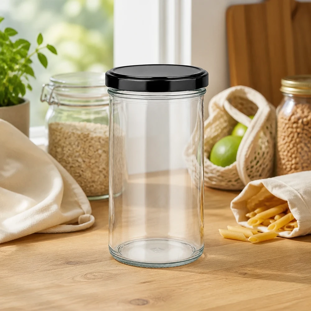 277ml Sturzglas mit schwarzem Deckel für nachhaltigen Zero-Waste-Haushalt neben Unverpackt-Einkauf und Vorratsaufbewahru