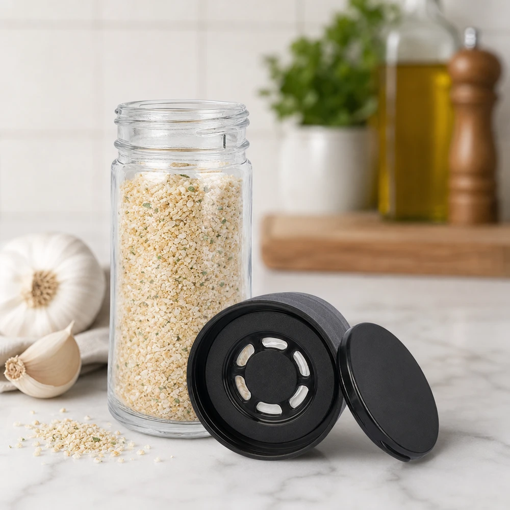 Gewürzglas 95ml mit zweiteiligem schwarzem Mühlenaufsatz und Siebfunktion für grobes Salz
