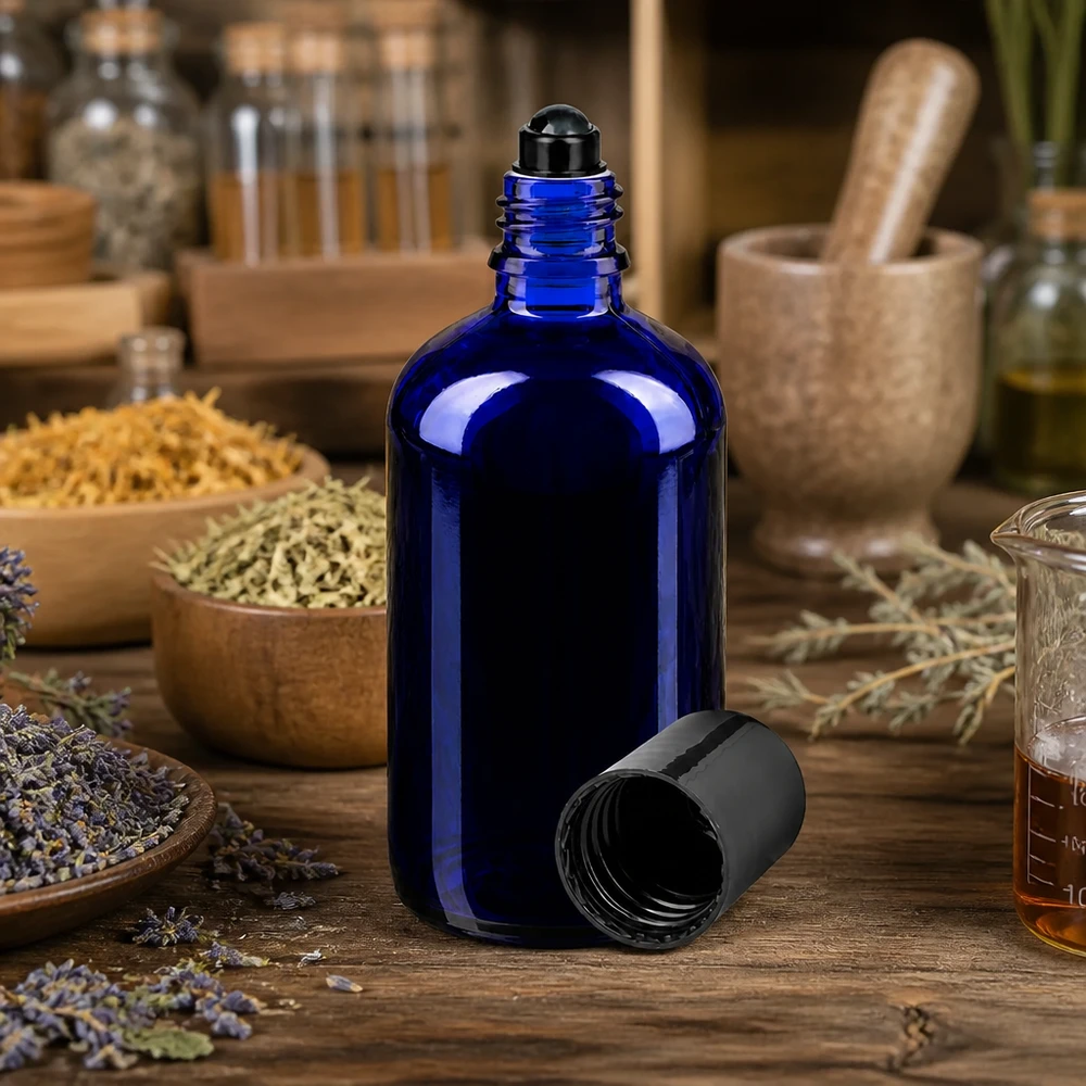 Kobaltblaue Roll-On Flasche 100ml mit offenem Schraubdeckel auf rustikalem Holztisch mit Mörser