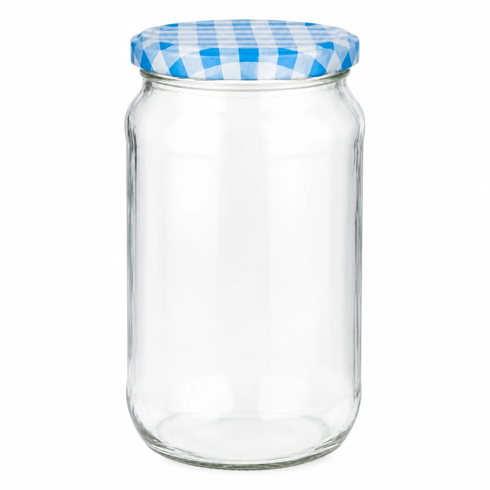 1062ml Rundglas mit blau-weiß kariertem BasicSeal Deckel, leeres Einmachglas für Konserven und Aufbewahrung