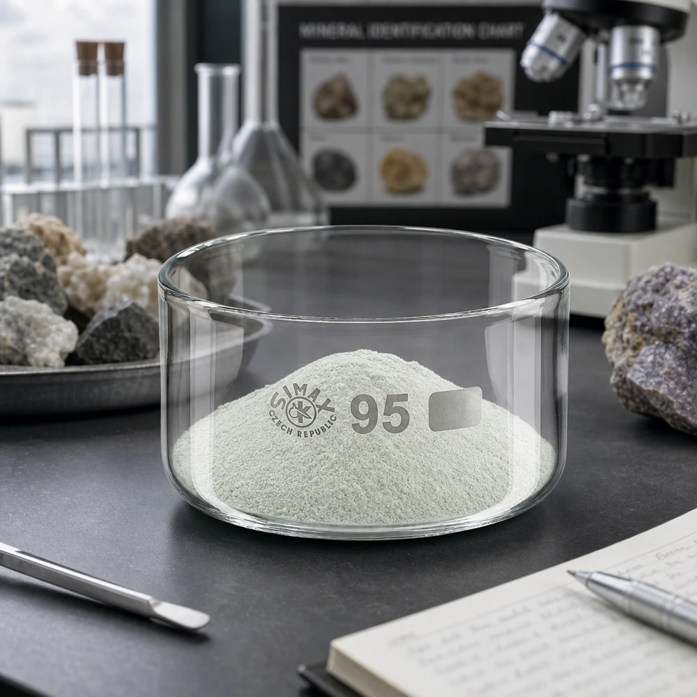300ml Kristallisierschale ohne Ausguss Borosilikat ø95mm Kristallisierschale 300ml mit feinem Pulver umgeben von Gesteinsproben und Mikroskop