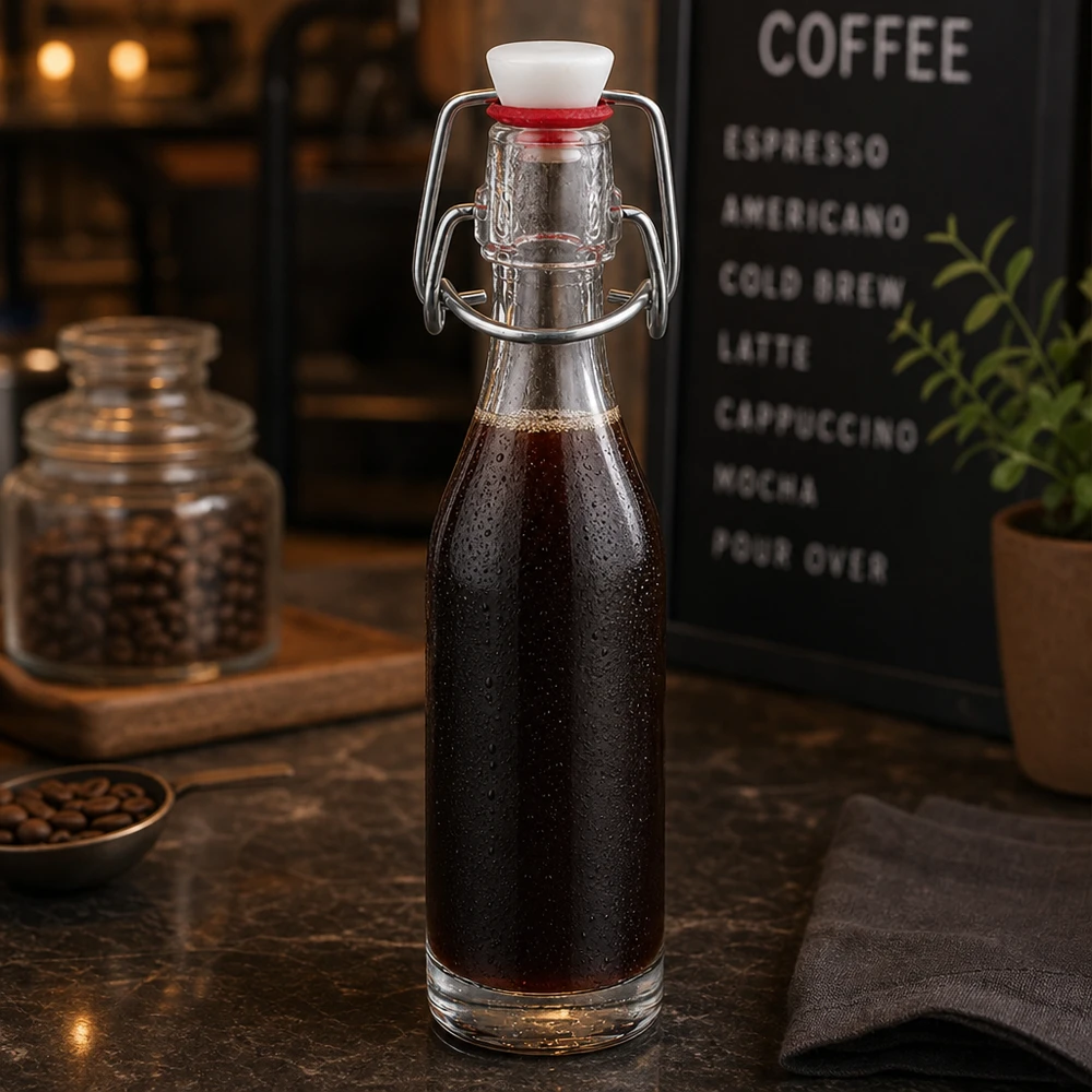 Elegante 50ml Glasflasche mit Bügelverschluss gefüllt mit Cold Brew Kaffee in stilvoller Café-Atmosphäre