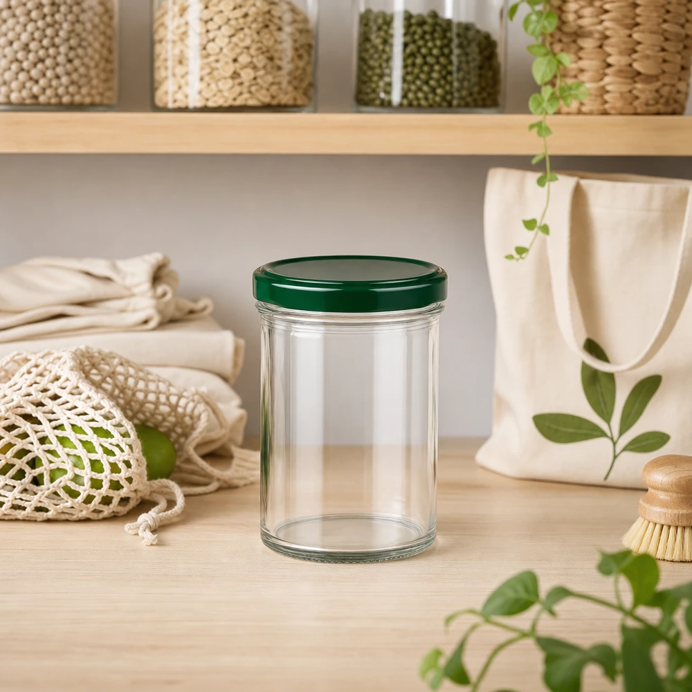350ml Sturzglas + BasicSeal Deckel grün UNiTWIST 350ml Sturzglas UNiTWIST mit grünem Deckel in nachhaltiger Zero-Waste Küche mit Öko-Produkten und Pflanzen
