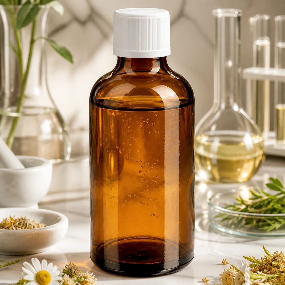 Apothekenflasche braun 50ml Schraubverschluss weiß Kindersicherung Standard Braunglas Apothekerflasche 50ml mit weißem KiSi Verschluss zwischen Kamillenblüten und Messgläsern