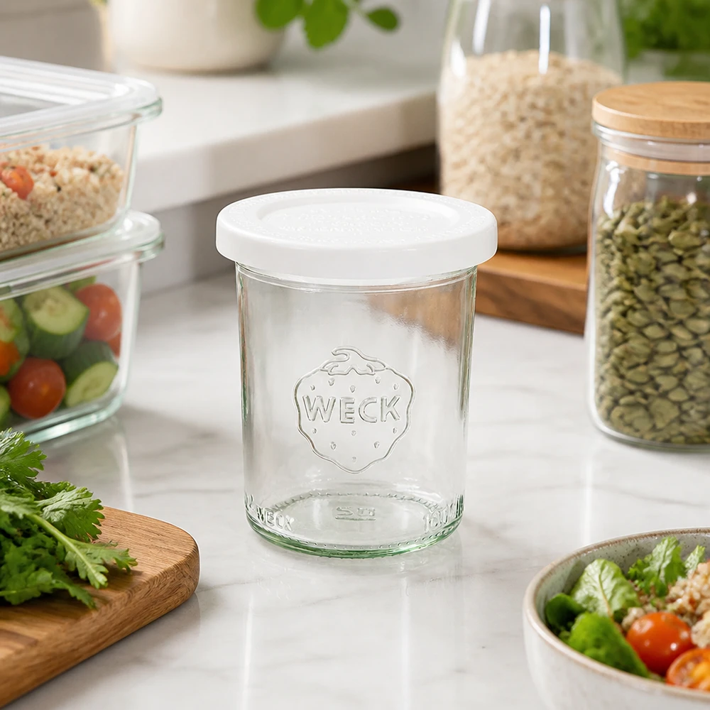 WECK 160ml Sturzglas RR60 in moderner Küche mit Vorratsgläsern, Salat und frischen Kräutern - vielseitige Aufbewahrung