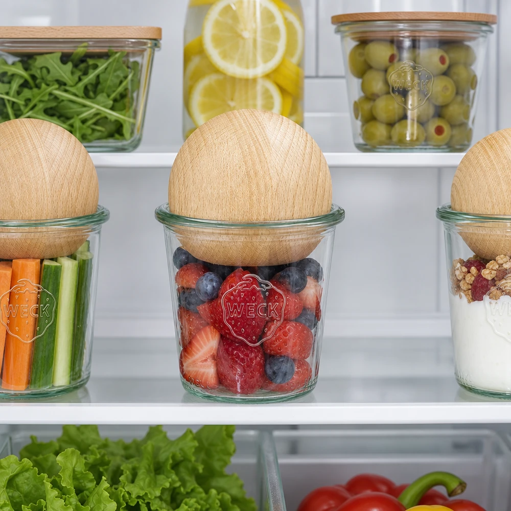 WECK Gläser 290ml RR80 mit Buchenkugeln im Kühlschrank zur Lebensmittel-Aufbewahrung von Beeren und Gemüse