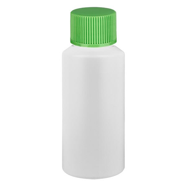 Apothekenflasche HDPE 30ml weiß, mit grünem Schraubverschluss Apothekenflasche HDPE 30ml weiß, mit grünem Schraubverschluss