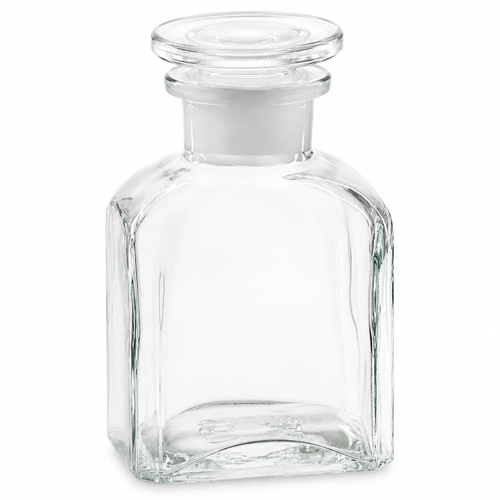 Vierkantflasche 150ml klar Weithals Glasstopfen Leere quadratische Glasflasche 150ml klar mit Schliffglasstopfen Weithalsöffnung